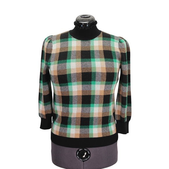 Ann Taylor Factory Sweaters - Ann Taylor Factory Retro Multi Check Puff 3/4 Sleeve Mock Neck Sweater Women's M